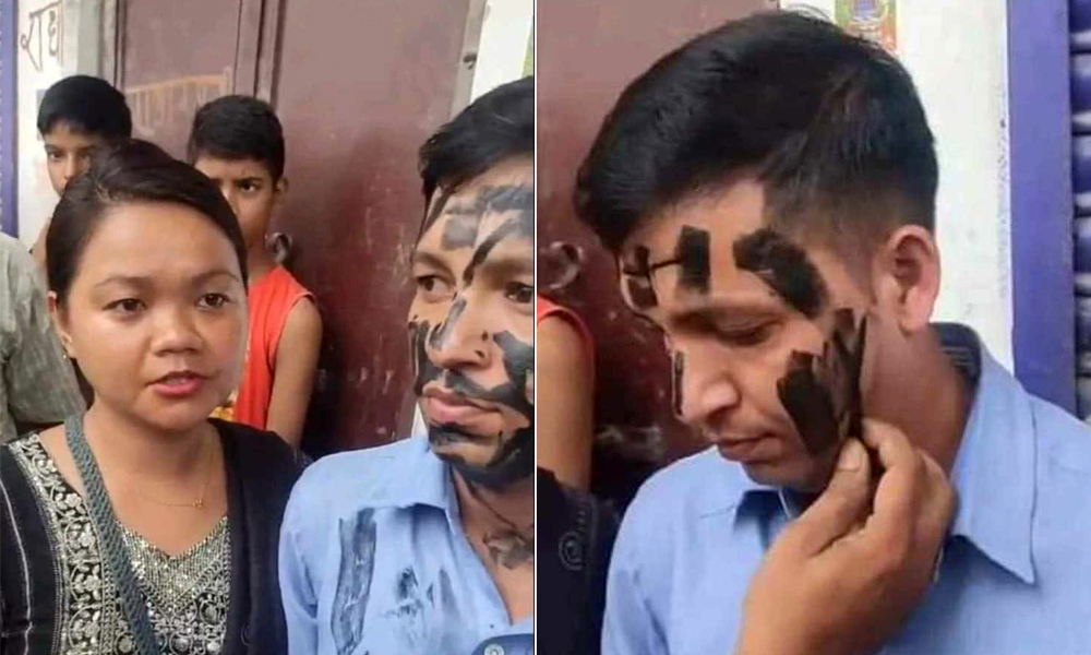 Black soot smeared on face of man and woman involved in preaching Christianity to locals