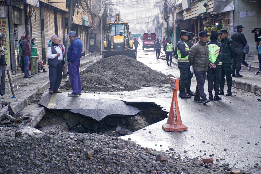 Melamchi Drinking Water pipe bursts at Thapathali, vicinity waterlogged